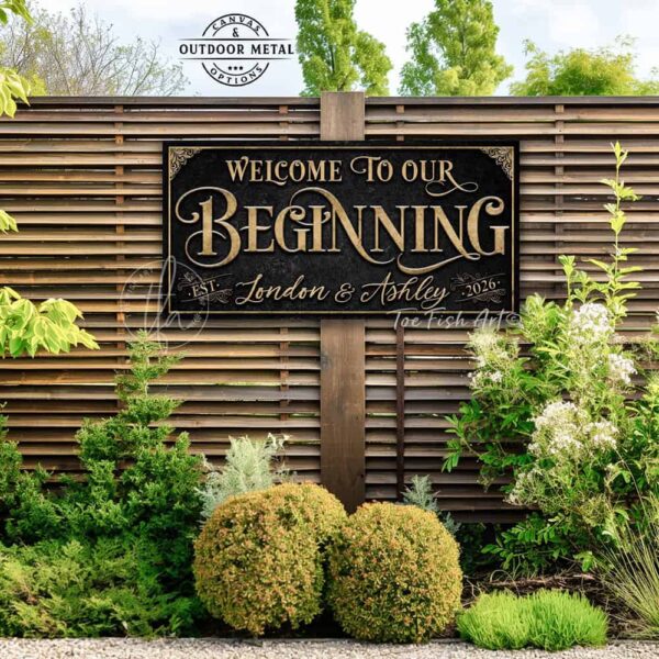 Welcome to Our Beginning personalized vintage-inspired wedding sign by Toe Fish Art, featuring couple’s names and date, gorgeous vintage black background with rustic gold lettering, available as framed canvas or outdoor waterproof metal — a unique, rustic chic wedding ceremony and reception keepsake decoration, designed and handcrafted in the USA. Ideal for indoor and outdoor spaces. Built to last with genuine craftsmanship, this authentic sign adds classic charm and heritage quality to your special day.