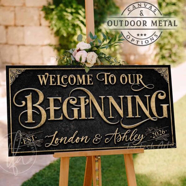 Welcome to Our Beginning personalized vintage-inspired wedding sign by Toe Fish Art, featuring couple’s names and date, gorgeous vintage black background with rustic gold lettering, available as framed canvas or outdoor waterproof metal — a unique, rustic chic wedding ceremony and reception keepsake decoration, designed and handcrafted in the USA. Ideal for indoor and outdoor spaces. Built to last with genuine craftsmanship, this authentic sign adds classic charm and heritage quality to your special day.