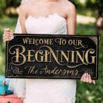 Welcome to Our Beginning personalized vintage-inspired wedding sign by Toe Fish Art, featuring couple’s names and date, gorgeous vintage black background with rustic gold lettering, available as framed canvas or outdoor waterproof metal — a unique, rustic chic wedding ceremony and reception keepsake decoration, designed and handcrafted in the USA. Ideal for indoor and outdoor spaces. Built to last with genuine craftsmanship, this authentic sign adds classic charm and heritage quality to your special day.