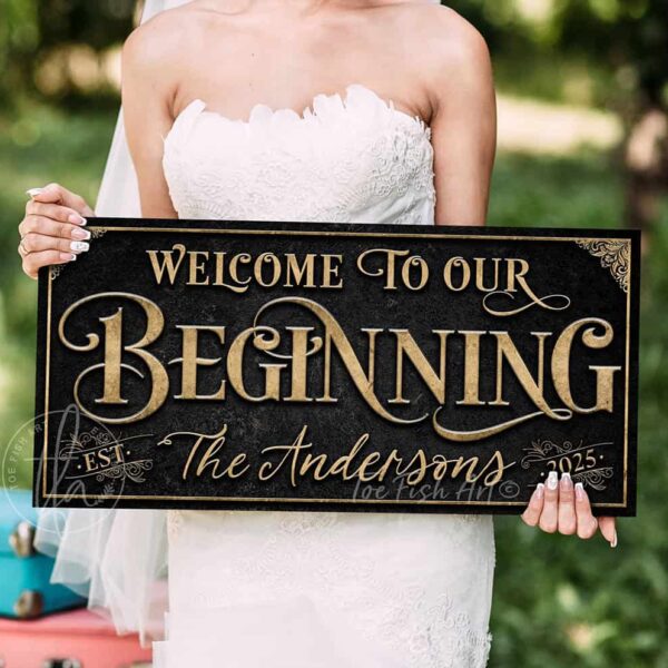 Welcome to Our Beginning personalized vintage-inspired wedding sign by Toe Fish Art, featuring couple’s names and date, gorgeous vintage black background with rustic gold lettering, available as framed canvas or outdoor waterproof metal — a unique, rustic chic wedding ceremony and reception keepsake decoration, designed and handcrafted in the USA. Ideal for indoor and outdoor spaces. Built to last with genuine craftsmanship, this authentic sign adds classic charm and heritage quality to your special day.