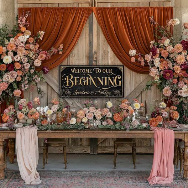 Welcome to Our Beginning personalized vintage-inspired wedding sign by Toe Fish Art, featuring couple’s names and date, gorgeous vintage black background with rustic gold lettering, available as framed canvas or outdoor waterproof metal — a unique, rustic chic wedding ceremony and reception keepsake decoration, designed and handcrafted in the USA. Ideal for indoor and outdoor spaces. Built to last with genuine craftsmanship, this authentic sign adds classic charm and heritage quality to your special day.