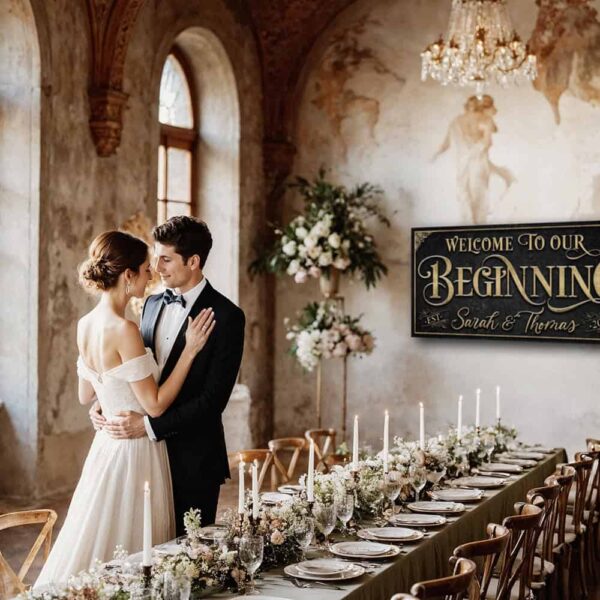 Welcome to Our Beginning personalized vintage-inspired wedding sign by Toe Fish Art, featuring couple’s names and date, gorgeous vintage black background with rustic gold lettering, available as framed canvas or outdoor waterproof metal — a unique, rustic chic wedding ceremony and reception keepsake decoration, designed and handcrafted in the USA. Ideal for indoor and outdoor spaces. Built to last with genuine craftsmanship, this authentic sign adds classic charm and heritage quality to your special day.