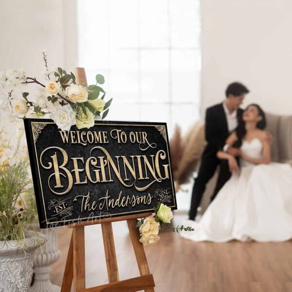 Welcome to Our Beginning personalized vintage-inspired wedding sign by Toe Fish Art, featuring couple’s names and date, gorgeous vintage black background with rustic gold lettering, available as framed canvas or outdoor waterproof metal — a unique, rustic chic wedding ceremony and reception keepsake decoration, designed and handcrafted in the USA. Ideal for indoor and outdoor spaces. Built to last with genuine craftsmanship, this authentic sign adds classic charm and heritage quality to your special day.