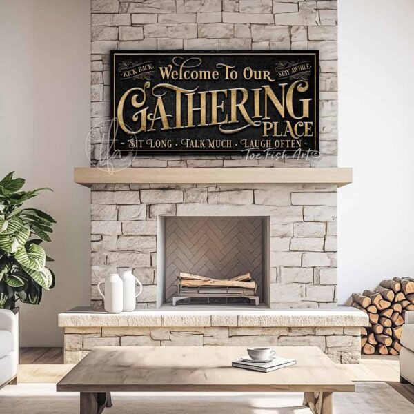 Toe Fish Art's customizable Gathering Place Sign available in framed canvas or outdoor waterproof metal, featuring fun wording options and personalized family name text. Designed in vintage black with rustic gold-style lettering for a sleek, classy look that fits any indoor or outdoor setting. This stylish wall decor is perfect for patios, porches, or entertaining spaces. Handmade in the USA and built to last with genuine craftsmanship, ideal for adding personality to your favorite gathering place.