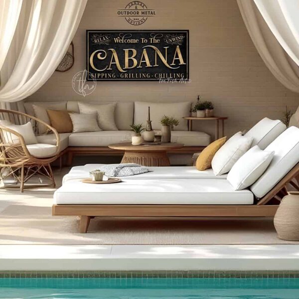 Welcome to the Cabana personalized wall sign by Toe Fish Art in vintage black with rustic gold lettering, available in framed canvas or waterproof outdoor metal, with custom family name and established year, and fun sayings like Relax & Unwind, Sipping-Grilling-Chilling—charming pool, spa, beach, lake, or patio decor handmade in the USA. Ideal for enhancing your outdoor summer decor. Built to last with genuine craftsmanship, this authentic sign adds classic cottage charm and heritage quality to any space.