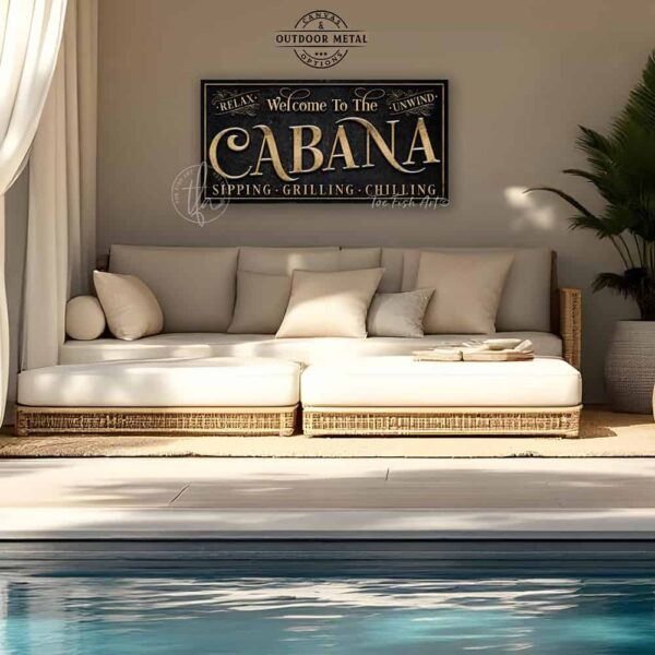 Welcome to the Cabana personalized wall sign by Toe Fish Art in vintage black with rustic gold lettering, available in framed canvas or waterproof outdoor metal, with custom family name and established year, and fun sayings like Relax & Unwind, Sipping-Grilling-Chilling—charming pool, spa, beach, lake, or patio decor handmade in the USA. Ideal for enhancing your outdoor summer decor. Built to last with genuine craftsmanship, this authentic sign adds classic cottage charm and heritage quality to any space.