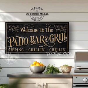 Welcome to the Patio Bar & Grill custom wall sign by Toe Fish Art, handmade in the USA in waterproof outdoor metal or framed canvas, vintage black with rustic gold, personalized family name text, and fun sayings like Kick Back-Stay Awhile, Sipping-Grilling-Chilling. Charming outdoor kitchen, bar, lounge, patio, lanai, deck, porch, or pool decor. Ideal for upgrading your outdoor summer vibe. Built to last with genuine craftsmanship, this authentic sign adds classic charm and heritage quality to any space.
