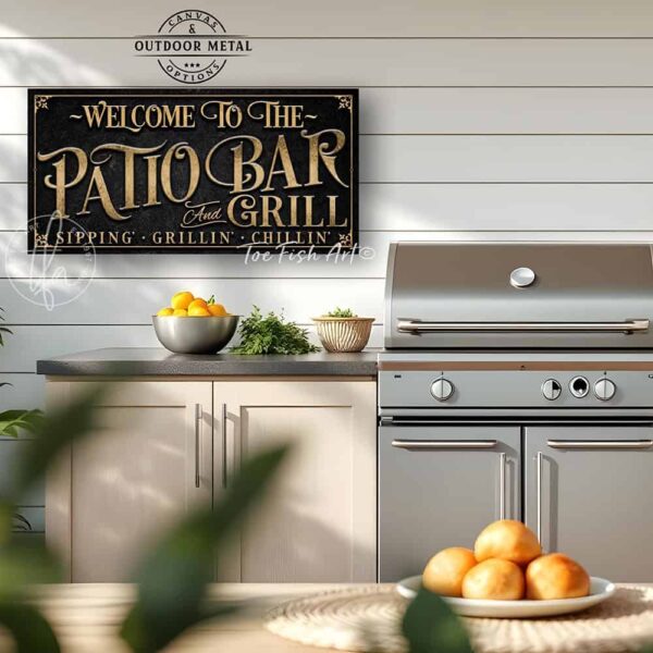 Personalized Welcome to the Patio Bar and Grill custom outdoor sign by Toe Fish Art, handmade in the USA in waterproof metal or framed canvas, vintage black and rustic gold, personalizable name, fun sayings like Sipping-Grilling-Chilling or your own custom text. Charming outdoor kitchen, bar, lounge, patio, lanai, porch, or pool deck spa decor. Ideal for upgrading your outdoor summer vibe. Built to last with genuine craftsmanship, this authentic sign adds classic charm and heritage quality to any space.