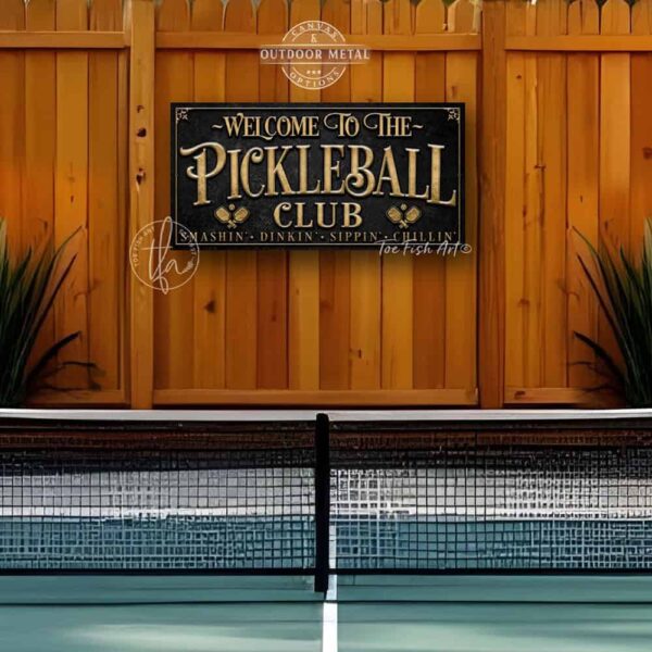 Toe Fish Art’s personalized "Pickleball Club” sign features the phrase "Smashin' Dinkin' Sippin' Chillin’" in rustic gold style lettering on a vintage slate black background. Available as a beautiful framed canvas sign or durable and sleek outdoor metal sign, this custom wall art decor adds humor and charm to your game space or post-play lounge area. Made in America and built to last, perfect for pickleball lovers, sports decor, and custom man cave or backyard court accents. This premium printed sign showcases a detailed, original design ideal for upgrading your sports bar, game room, court-side seating, outdoor entertaining space, or backyard decor. Customized sign, personalized with family name or favorite saying and custom wording options. Available in a huge array of sizes, Toe Fish Art's artisan-made wall decor is expertly made in America with American-sourced materials. This high-end, handcrafted piece can be customized to fit your style! Built to last with genuine craftsmanship, this heirloom decor adds rustic cottage charm and heritage quality to any space. Made in the USA with durable, authentic materials for a beautiful and meaningful display to last year after year. Modern Farmhouse Cottagecore wall decor handcrafted in durable high-quality framed canvas or indoor-outdoor weatherproof solid aluminum metal, handmade in the USA from start to finish! Beautiful, stylish and timeless wall decor artwork. Handmade in the USA by ToeFishArt, and built to last a lifetime by the Toe Fish Art family artisans. This beautiful original artwork adds unique eye-catching decor indoors or outdoors. Perfect for your game room, man cave, sports bar post-game lounge, basement bar, garage bar, patio, lanai, deck, or any outdoor living space. This special decoration is a fun way to celebrate your favorite game with friends. Original, custom, personalized wall decor signs. Canvas, Wood or Metal. Rustic modern farmhouse, cottagecore, vintage, retro, industrial, Americana, primitive, country, coastal, minimalist. Toe Fish Art is a USA small family woman owned business making beautiful decor since 1997.