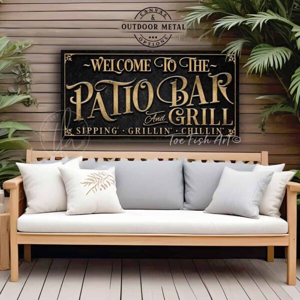 Personalized Welcome to the Patio Bar and Grill custom outdoor sign by Toe Fish Art, handmade in the USA in waterproof metal or framed canvas, vintage black and rustic gold, personalizable name, fun sayings like Sipping-Grilling-Chilling or your own custom text. Charming outdoor kitchen, bar, lounge, patio, lanai, porch, or pool deck spa decor. Ideal for upgrading your outdoor summer vibe. Built to last with genuine craftsmanship, this authentic sign adds classic charm and heritage quality to any space.