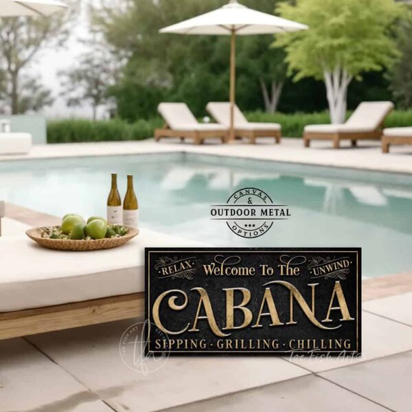 Welcome to the Cabana personalized wall sign by Toe Fish Art in vintage black with rustic gold lettering, available in framed canvas or waterproof outdoor metal, with custom family name and established year, and fun sayings like Relax & Unwind, Sipping-Grilling-Chilling—charming pool, spa, beach, lake, or patio decor handmade in the USA. Ideal for enhancing your outdoor summer decor. Built to last with genuine craftsmanship, this authentic sign adds classic cottage charm and heritage quality to any space.