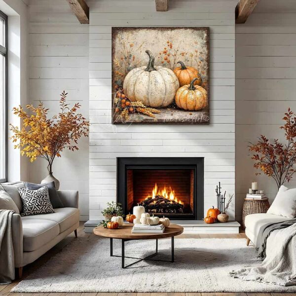Vintage style rustic farmhouse sign featuring white and orange heirloom pumpkins in a pumpkin patch. Toe Fish Art creates quality, artisan-made wall décor using American-sourced materials. Proudly made in the USA, each sign is built to last with heritage craftsmanship and rustic charm. Custom, timeless designs for indoor/outdoor spaces. Discover handcrafted American wall art at toefishart.com.