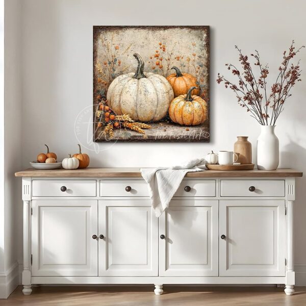 Vintage style rustic farmhouse sign featuring white and orange heirloom pumpkins in a pumpkin patch. Toe Fish Art creates quality, artisan-made wall décor using American-sourced materials. Proudly made in the USA, each sign is built to last with heritage craftsmanship and rustic charm. Custom, timeless designs for indoor/outdoor spaces. Discover handcrafted American wall art at toefishart.com.