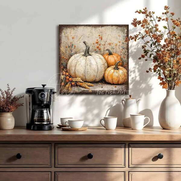 Vintage style rustic farmhouse sign featuring white and orange heirloom pumpkins in a pumpkin patch. Toe Fish Art creates quality, artisan-made wall décor using American-sourced materials. Proudly made in the USA, each sign is built to last with heritage craftsmanship and rustic charm. Custom, timeless designs for indoor/outdoor spaces. Discover handcrafted American wall art at toefishart.com.