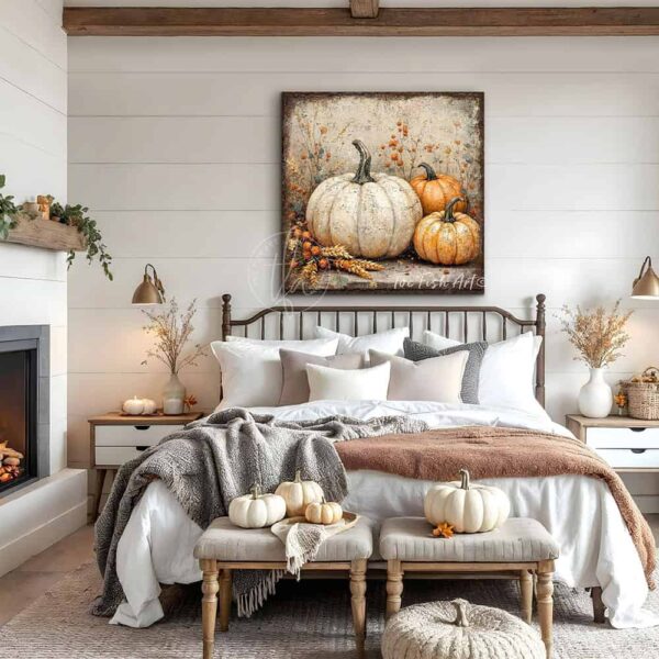 Vintage style rustic farmhouse sign featuring white and orange heirloom pumpkins in a pumpkin patch. Toe Fish Art creates quality, artisan-made wall décor using American-sourced materials. Proudly made in the USA, each sign is built to last with heritage craftsmanship and rustic charm. Custom, timeless designs for indoor/outdoor spaces. Discover handcrafted American wall art at toefishart.com.