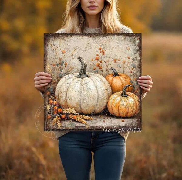 Vintage style rustic farmhouse sign featuring white and orange heirloom pumpkins in a pumpkin patch. Toe Fish Art creates quality, artisan-made wall décor using American-sourced materials. Proudly made in the USA, each sign is built to last with heritage craftsmanship and rustic charm. Custom, timeless designs for indoor/outdoor spaces. Discover handcrafted American wall art at toefishart.com.