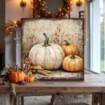 Vintage style rustic farmhouse sign featuring white and orange heirloom pumpkins in a pumpkin patch. Toe Fish Art creates quality, artisan-made wall décor using American-sourced materials. Proudly made in the USA, each sign is built to last with heritage craftsmanship and rustic charm. Custom, timeless designs for indoor/outdoor spaces. Discover handcrafted American wall art at toefishart.com.