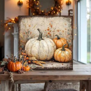 Vintage style rustic farmhouse sign featuring white and orange heirloom pumpkins in a pumpkin patch. Toe Fish Art creates quality, artisan-made wall décor using American-sourced materials. Proudly made in the USA, each sign is built to last with heritage craftsmanship and rustic charm. Custom, timeless designs for indoor/outdoor spaces. Discover handcrafted American wall art at toefishart.com.
