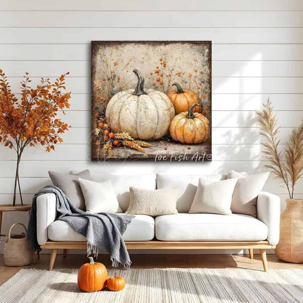 Vintage style rustic farmhouse sign featuring white and orange heirloom pumpkins in a pumpkin patch. Toe Fish Art creates quality, artisan-made wall décor using American-sourced materials. Proudly made in the USA, each sign is built to last with heritage craftsmanship and rustic charm. Custom, timeless designs for indoor/outdoor spaces. Discover handcrafted American wall art at toefishart.com.