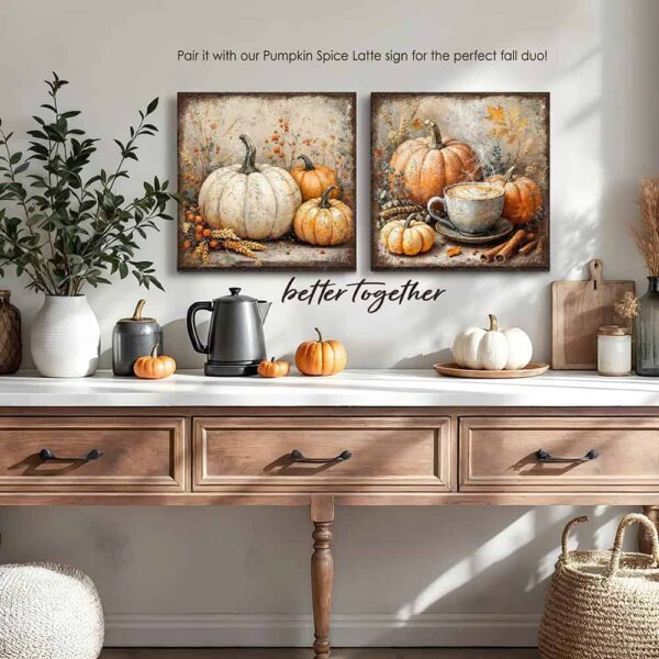 Vintage style rustic farmhouse sign featuring white and orange heirloom pumpkins in a pumpkin patch. Toe Fish Art creates quality, artisan-made wall décor using American-sourced materials. Proudly made in the USA, each sign is built to last with heritage craftsmanship and rustic charm. Custom, timeless designs for indoor/outdoor spaces. Discover handcrafted American wall art at toefishart.com.