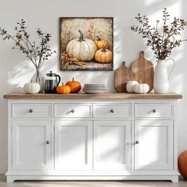 Vintage style rustic farmhouse sign featuring white and orange heirloom pumpkins in a pumpkin patch. Toe Fish Art creates quality, artisan-made wall décor using American-sourced materials. Proudly made in the USA, each sign is built to last with heritage craftsmanship and rustic charm. Custom, timeless designs for indoor/outdoor spaces. Discover handcrafted American wall art at toefishart.com.